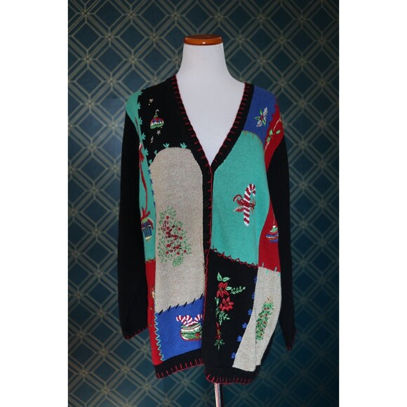 Venezia Sweaters - Vintage Venezia Vitale Patchwork Christmas Zip Sweater Beaded Candy Cane Tree L